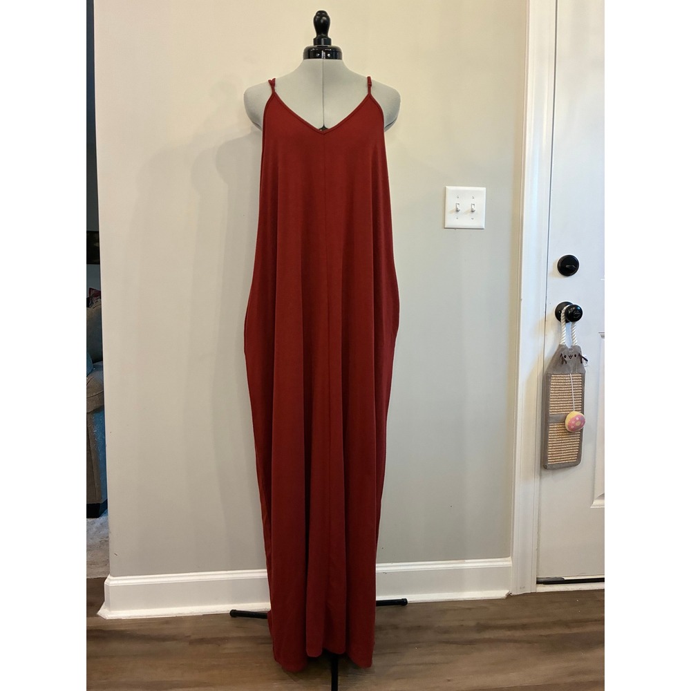 Zenana Premium Rust Red V-Neck Maxi Dress with Pockets XL RS-1024P